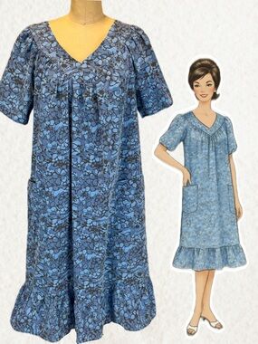 VINTAGE floral house day dress midi ruffle v neck short sleeve cotton blue 90s